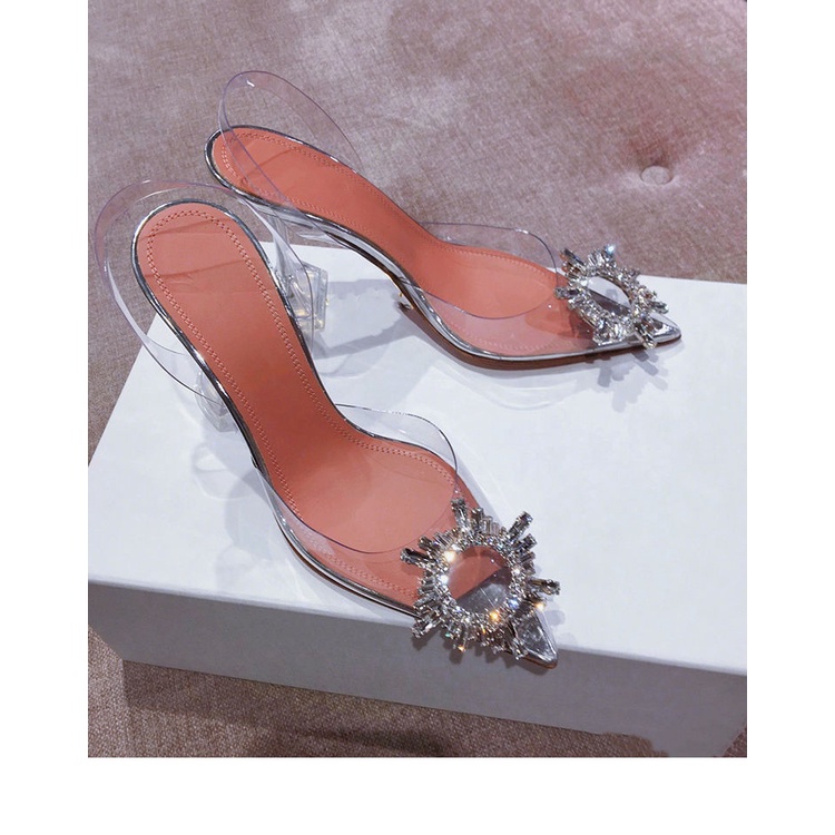 Giày cao gót mũi nhọn quai trong suốt đính đá thời trang mùa hè dành cho nữ