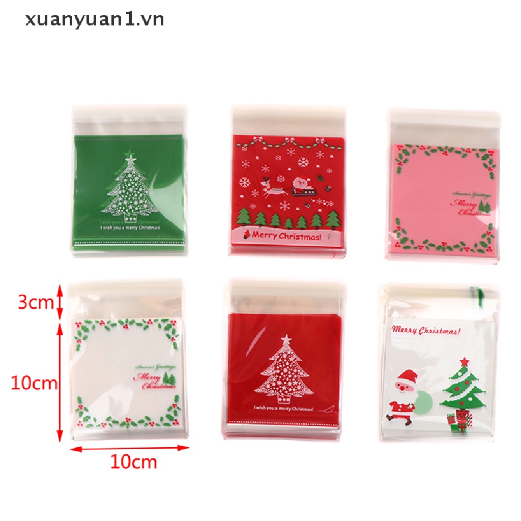 Set 100 Túi Nhựa Đựng Bánh Kẹo Giáng Sinh Tự Dính Kích Thước 10X10Cm