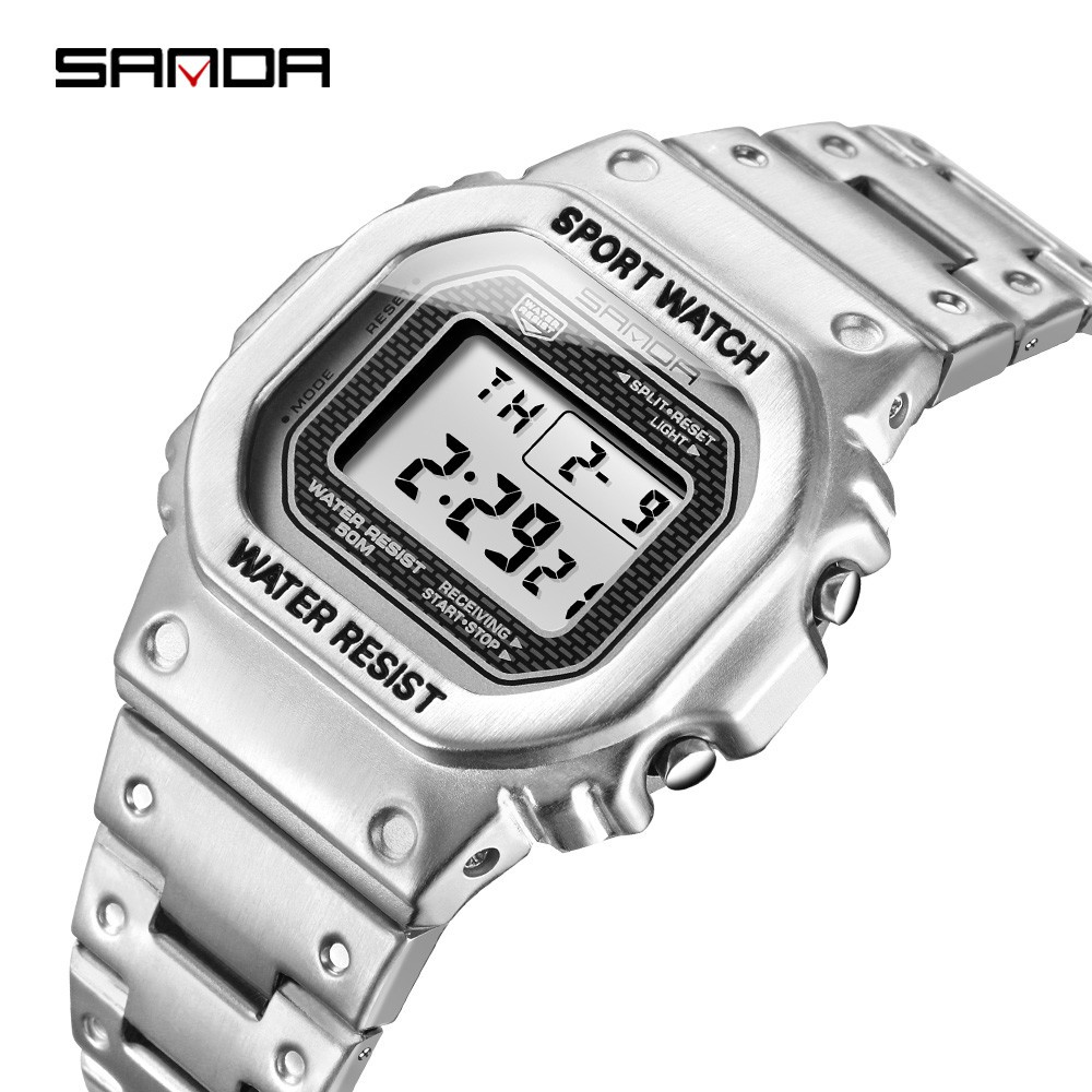 SANDA 390 Luxury Men's Watch Male Digital LED Watch 5ATM Casual Waterproof Wrist Watch Steel Watches