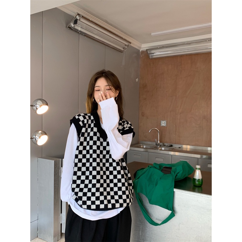 Áo gile nữ len ulzzang cổ chữ V họa tiết kẻ ô đen trắng - AL06 | BigBuy360 - bigbuy360.vn