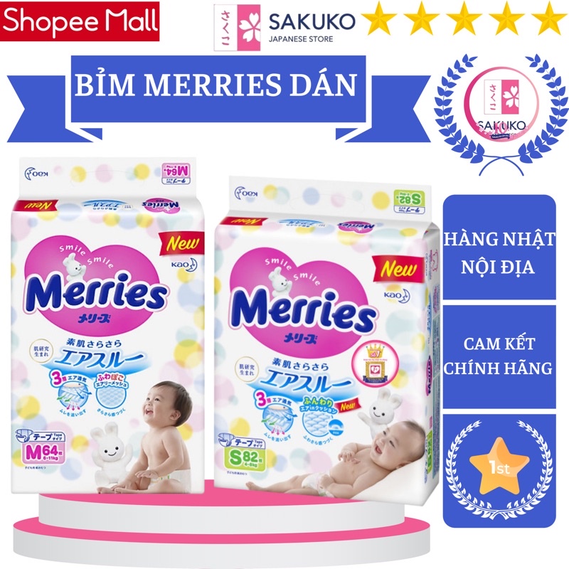 Tả Merries, Bỉm Dán Merries Nội Địa Nhật Thấm Hút Nhanh Đủ Size SS90/S82/M64/L64+6 - SAKUKO