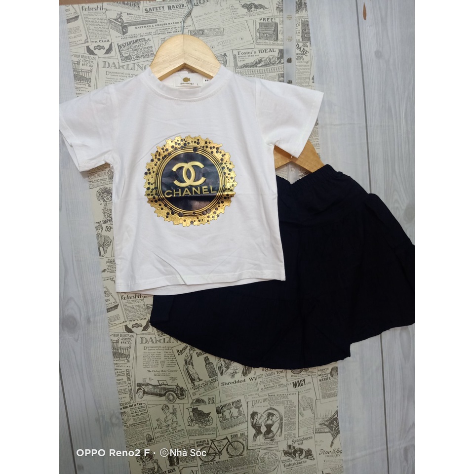 Set váy bé gái, Set chân váy kèm áo thun cotton họa tiết Chanel