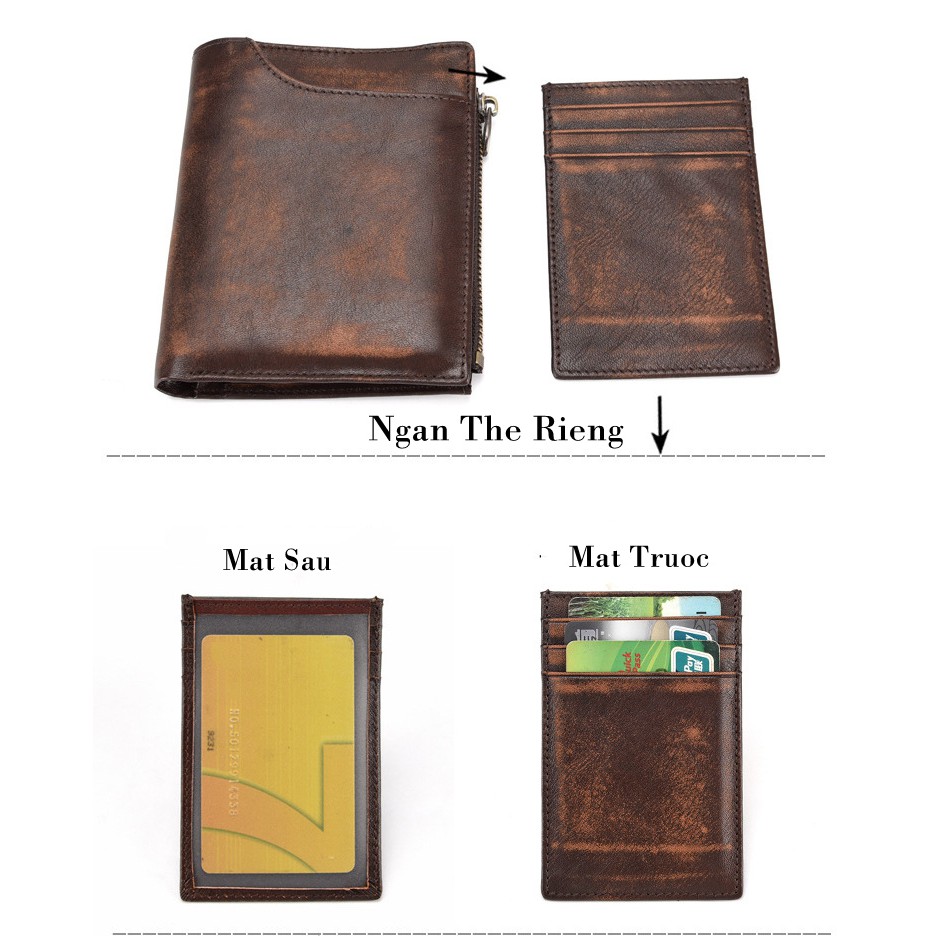 [Xả Kho] Ví đứng nam da bò thật nhuộm màu Retro cực CHẤT, nhiều ngăn đựng thẻ, công nghệ RFID