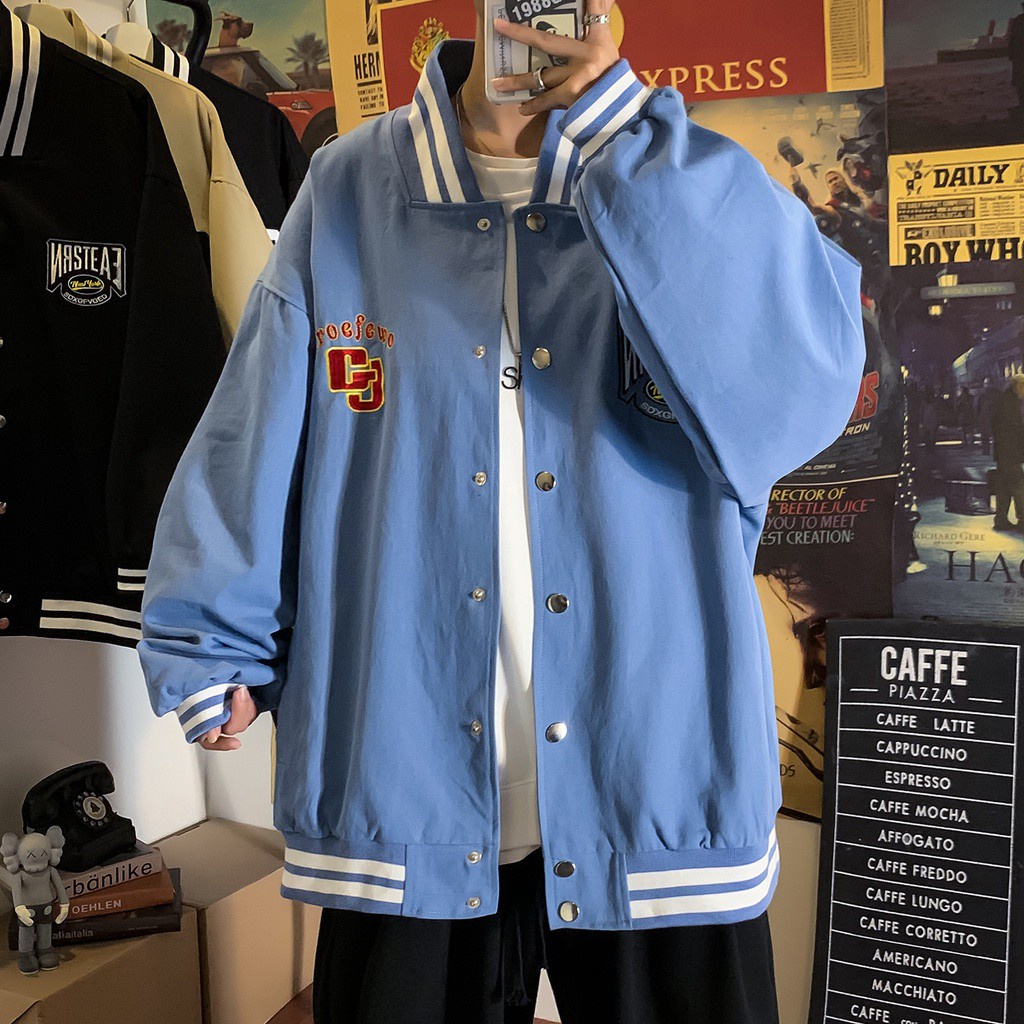 Áo Khoác Bóng Chày Form Rộng Thêu Chữ Phong Cách Hàn Quốc Cho Nam Nữ