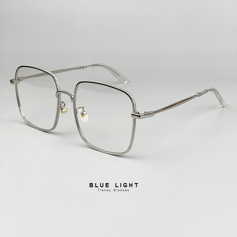 Gọng Kính Cận, Kính Giả Cận Nam Nữ, Mắt Vuông To Viền Nhũ Ánh Kim, Gọng Kim Loại Cứng Cáp Bạc Đen Hàn Quốc - BLUE LIGHT