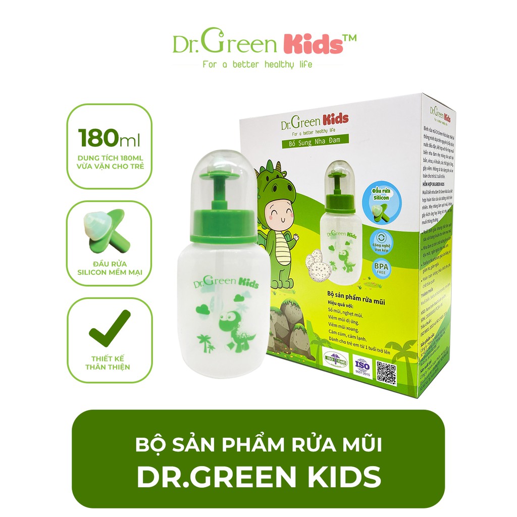 Bình rửa mũi cho trẻ Dr.Green Kids, kèm 30 gói muối biển, thiết kế nhỏ gọn, đầu rửa silicon mềm mại, điều trị viêm mũi