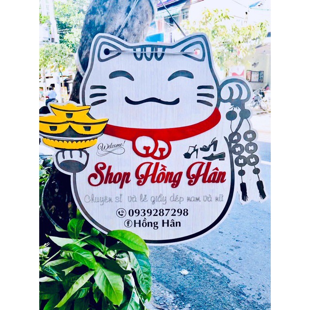 Bảng Gỗ Mèo Thần Tài Tên Shop Chụp Hình Sản Phẩm Cầm Tay