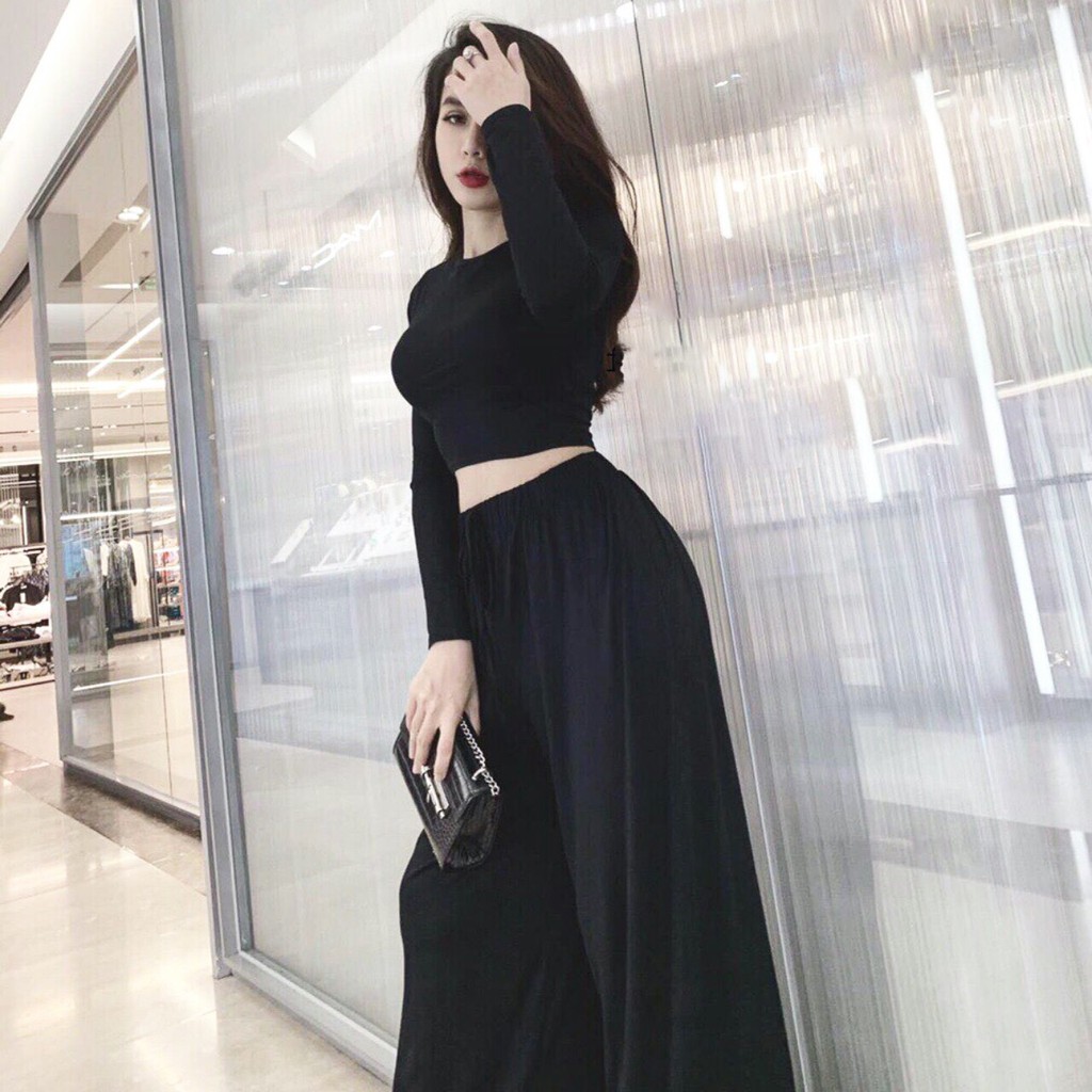 Đồ bộ nữ áo dài tay crop top quần ống rộng