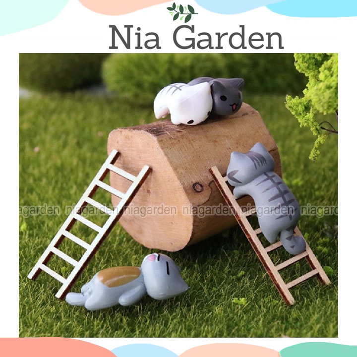 Mô hình tiểu cảnh trang trí chậu cây thang gỗ mini decor sân vườn Nia Garden N5