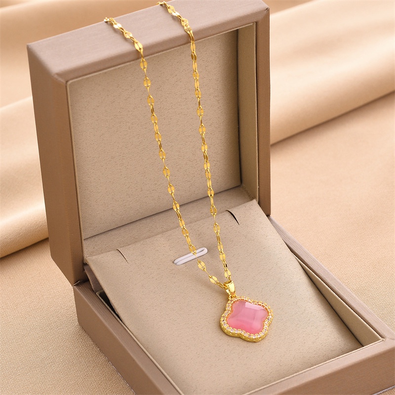 Vòng cổ Thép Titan Chất Lượng Cao Mặt Cỏ Ba Lá Đính Đá Màu Sắc Trơn Phong Cách Hip hop