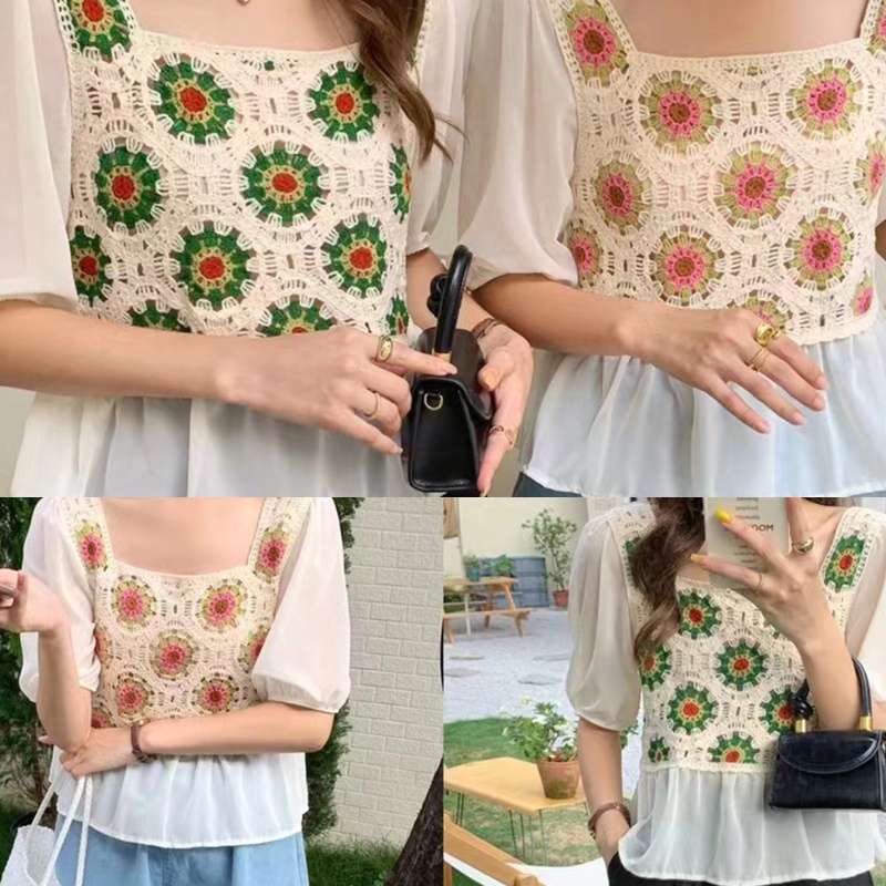 Áo Chiffon Cổ Vuông Tay Phồng In Họa Tiết Hoa Thời Trang Cho Nữ