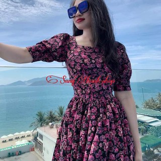 Váy Dáng Xòe Hoa Màu Tím Tay Phồng Xinh Xắn Nơi Công Sở