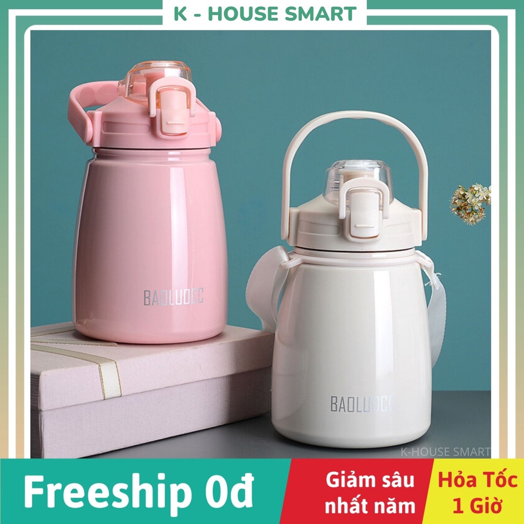 Bình giữ nhiệt cao cấp 850ml bụng nhỏ thể thao kèm stickers có dây đeo đẹp chắc chắn