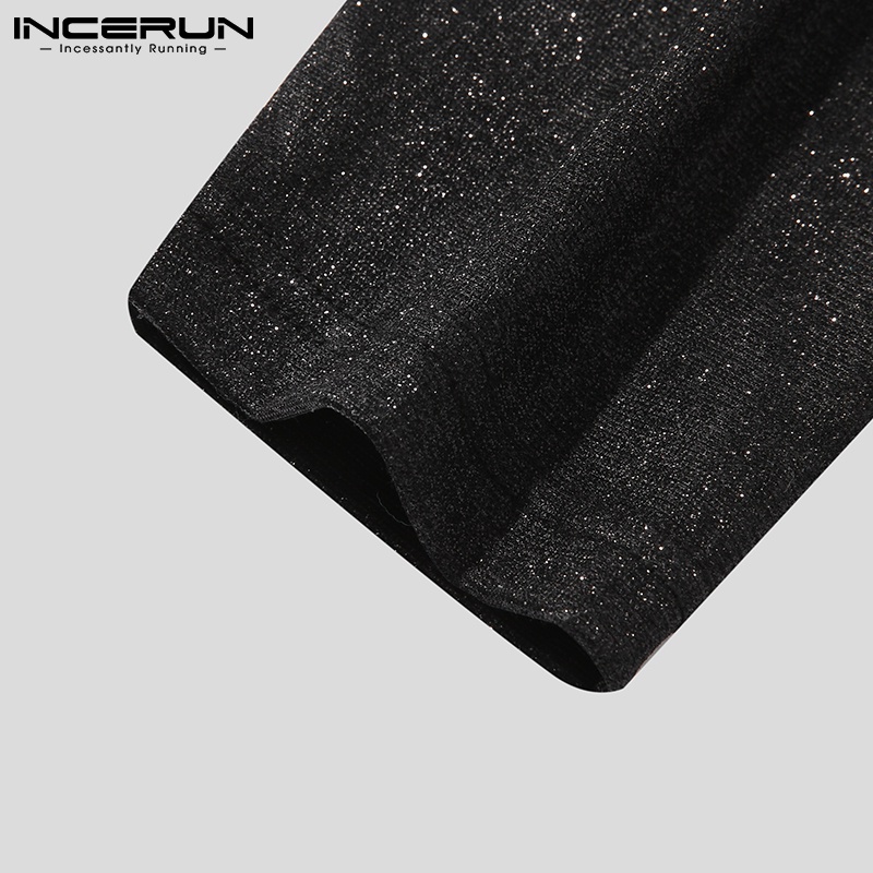 Áo sơ mi INCERUN tay dài cổ chữ v màu đen thời trang cho nam