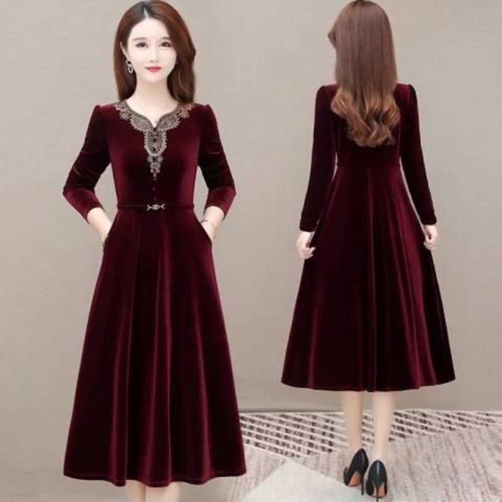 Đầm Nhung Dài Tay Phối Ren Xinh Xắn Theo Phong Cách Thu Đông / Size M-4xl