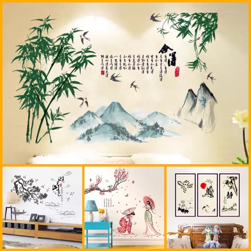 Tranh dán tường, Decal dán tường sơn thuỷ tùng cúc trang trí phòng khách.