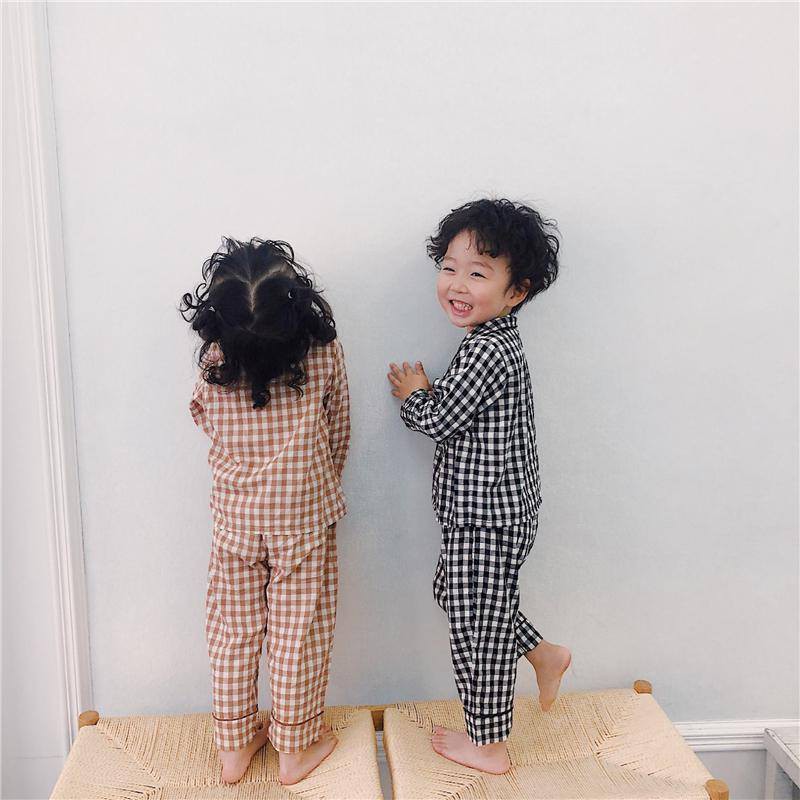 Bộ đồ ngủ cho bé, Bộ Pijama kẻ caro tay dài cho bé trai và bé gái từ 6-19kg