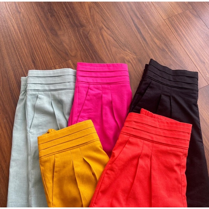 Quần Short linen nữ lưng dập ly,dây kéo hông.Hình cận vải shop chụp thật