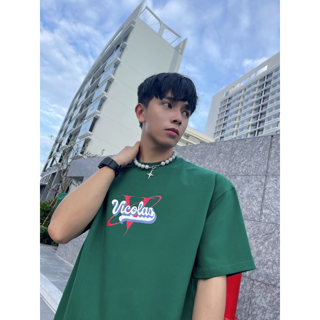 Áo thun unisex vải Cotton co giãn 4 chiều trắng xanh "VICOLAS HOUSE" V VICOLAS