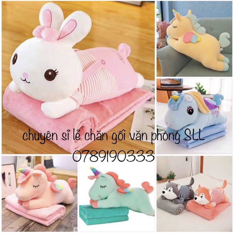 Chăn gối gấu bông hình thú, bộ chăn gối văn phòng hình thú nhồi bông ngộ nghĩnh