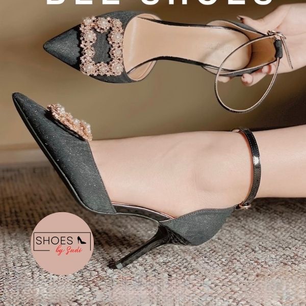 Giày cao gót 7p bít mũi SUDI G68-BCF có đính đá ngọc phối kiểu sandal có quai trên 2 màu trắng đen sang chảnh cuốn hút