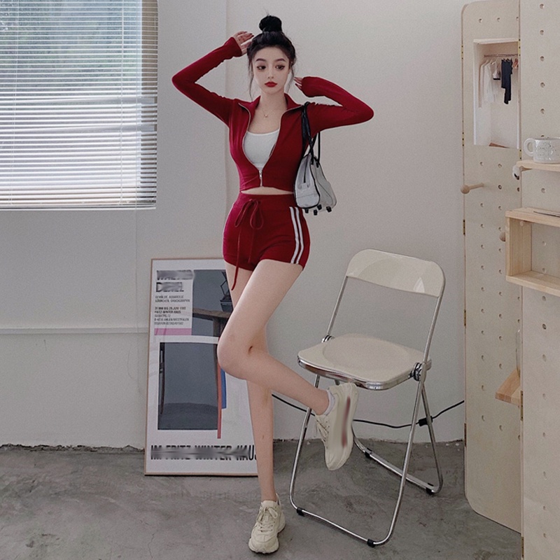 Bộ Áo Khoác Sweater Kẻ Sọc + Quần Short Lưng Cao + Áo Dây Rút Phong Cách Thể Thao Thời Trang Mùa Hè Cho Nữ
