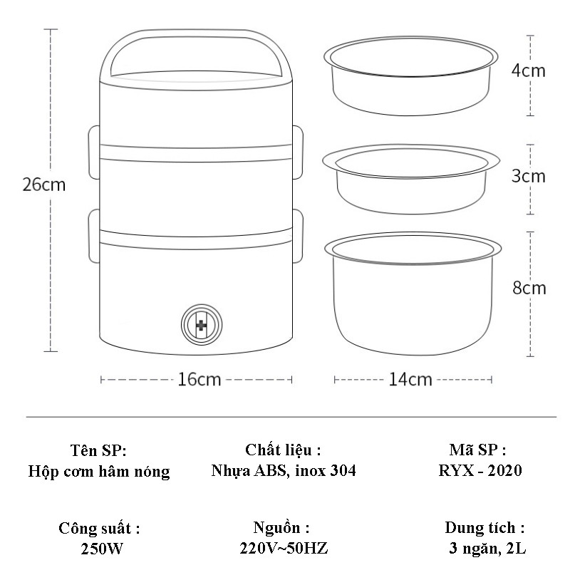 Hộp cơm văn phòng cắm điện inox 3 tầng, Hâm nóng thức ăn - Cà mèn đựng cơm, Cặp lồng giữ nhiệt NOION