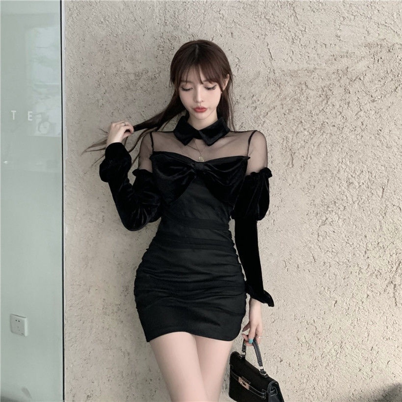 Đầm Nhung Phối Lưới Quyến Rũ Thời Trang Mùa Xuân Cho Nữ