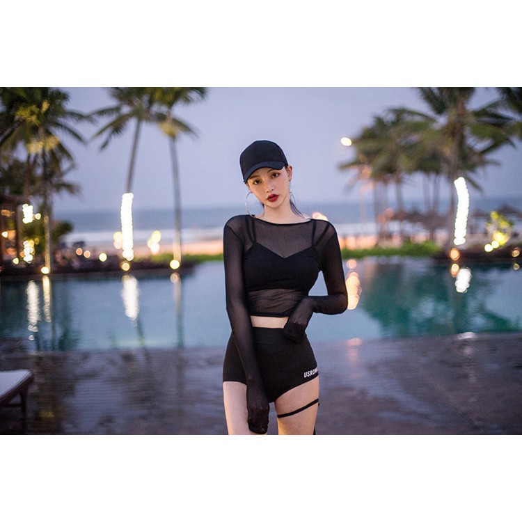 Bikini Bộ Đồ Bơi Dài Tay Set 3 Mảnh Kín Cạp Cao Bigsize Thể Thao Lưới
