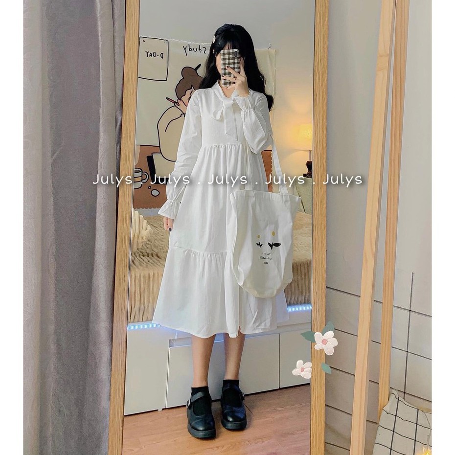 Đầm Babydoll Trắng Dáng Dài Thắt Nơ Cổ-Váy dài Babydoll Nơ Ngực-Váy Nữ Tay Bồng Dáng Suông (2 Màu)-HươngSu | BigBuy360 - bigbuy360.vn