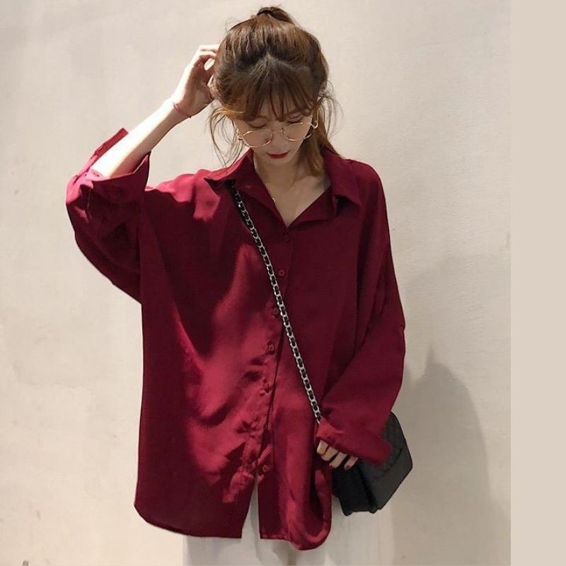 [Mã FAMARAL2 giảm 10K đơn 50K] Áo sơmi đỏ chất đũi lụa hè thu tôn da form thụng dành cho nữ Nhungkudo