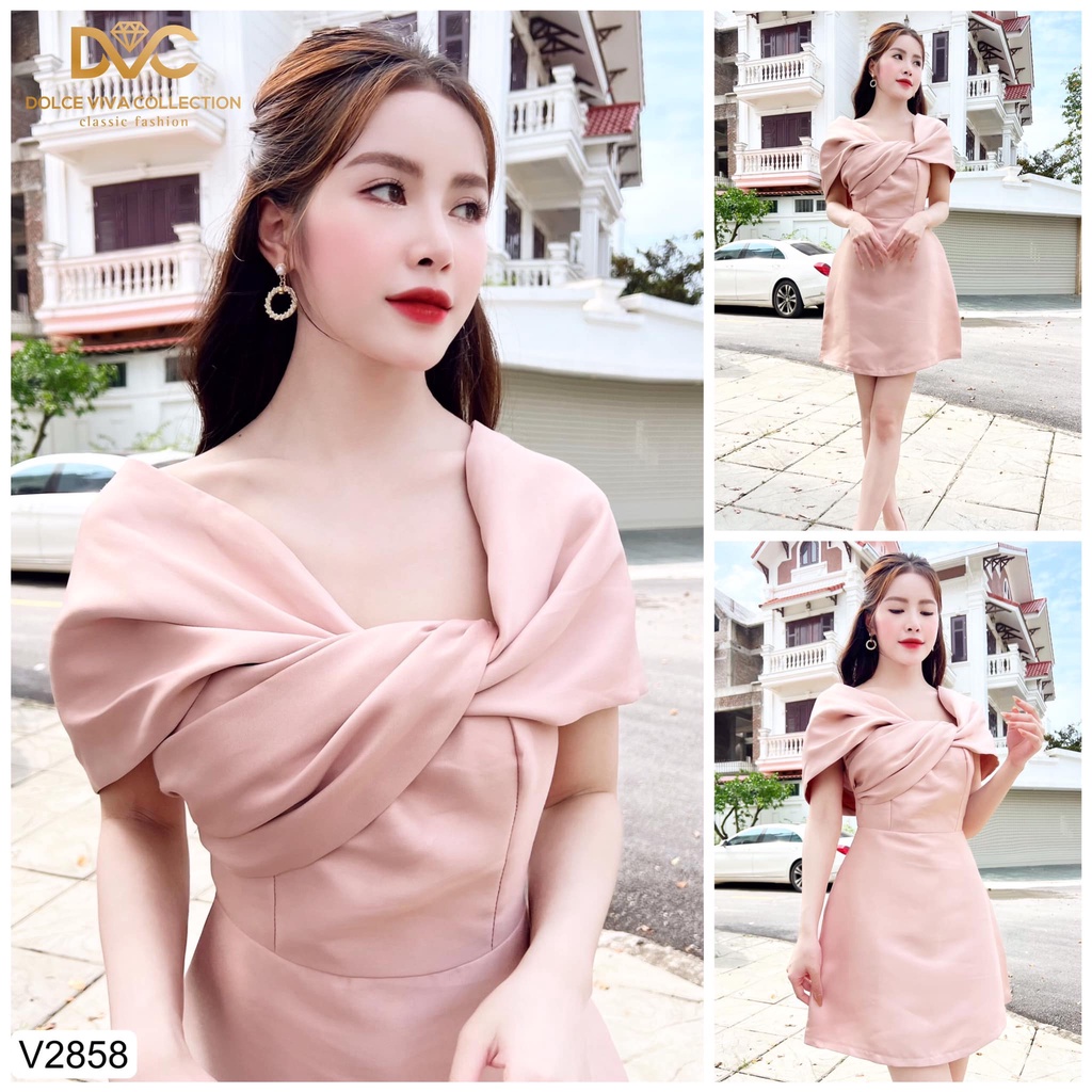 Váy tafta hồng nude dáng xòe trễ vai sang chảnh V2858