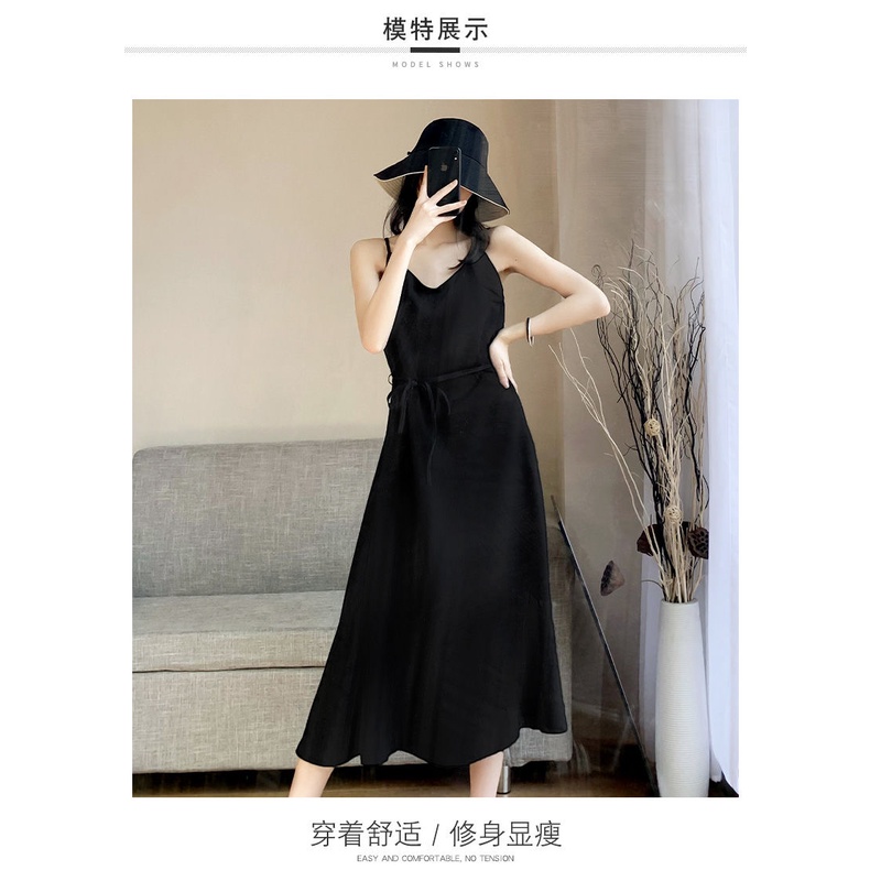 Đầm Hai Dây Dáng Dài Màu Đen Chất Liệu Chiffon Thời Trang Cho Nữ