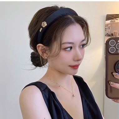 Băng Đô Cài Tóc Đính Hoa Trà Đen Trắng Kiểu Hàn Quốc Dễ Thương Cho Bé Gái