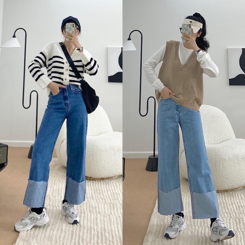 Quần Jean Culottes Quần Bò Dáng Suông Ống Rộng Jean Cotton Lật Lai đẹp siêu cấp