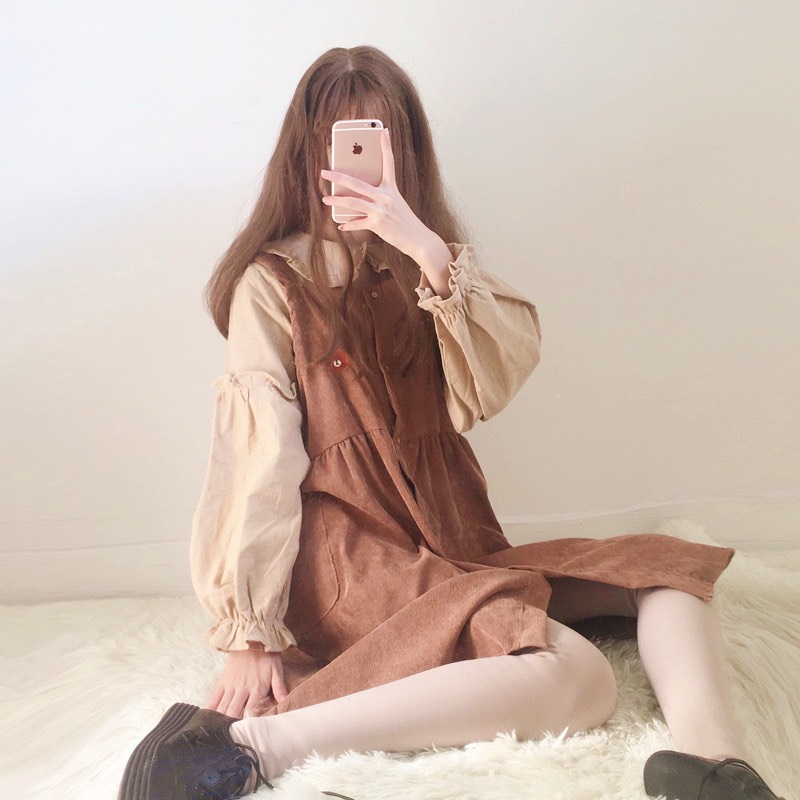 ❤️❤️ Sét yếm nhung kèm áo sơ mi Ulzzang thêu gấu cute