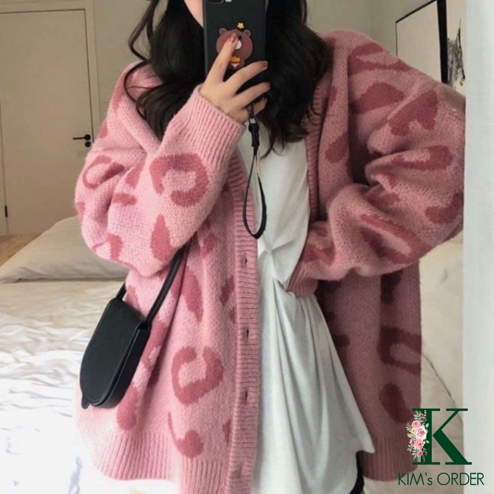 Áo len khoác ngoài Cadigan nữ màu hồng, đen và nâu dài tay hoạ tiết da beo tiểu thư Hàn Quốc loại 1 phom suông vintage