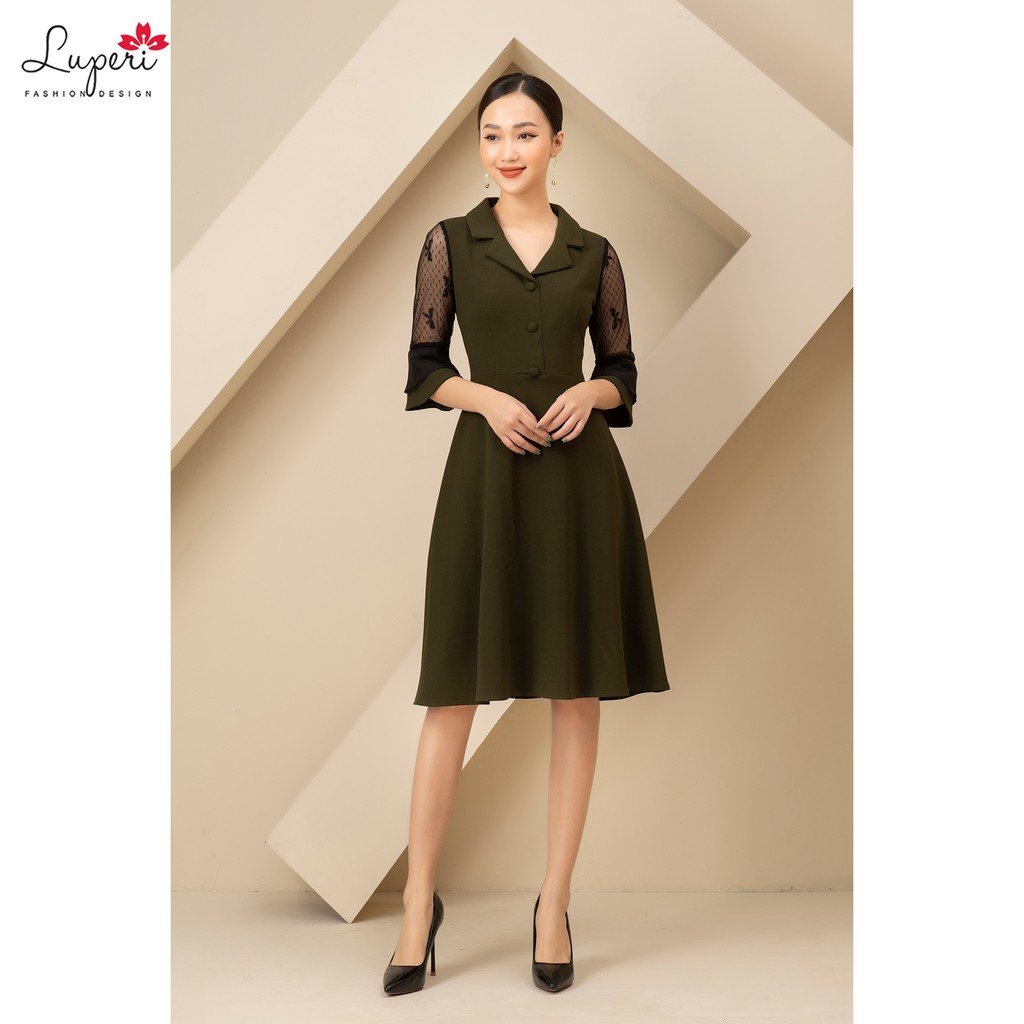 Váy Công Sở Nữ Dáng Xòe Luperi LFV398 Cổ Ve Phối Ren Cao Cấp FFX
