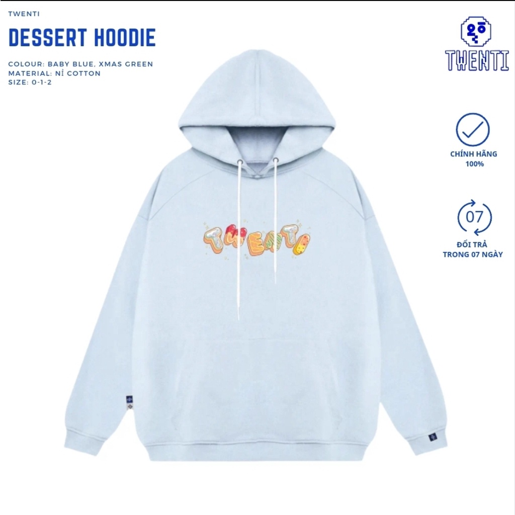 HOODIE TWENTI NỈ COTTON BÁNH KẸO ĐÁNG YÊU XANH BIỂN NHẠT