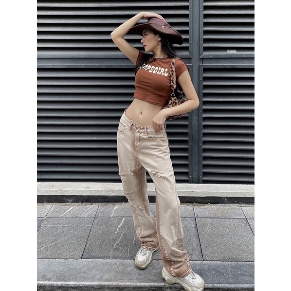 Quần Jeans Nâu rách nam nữ unisex QB1011