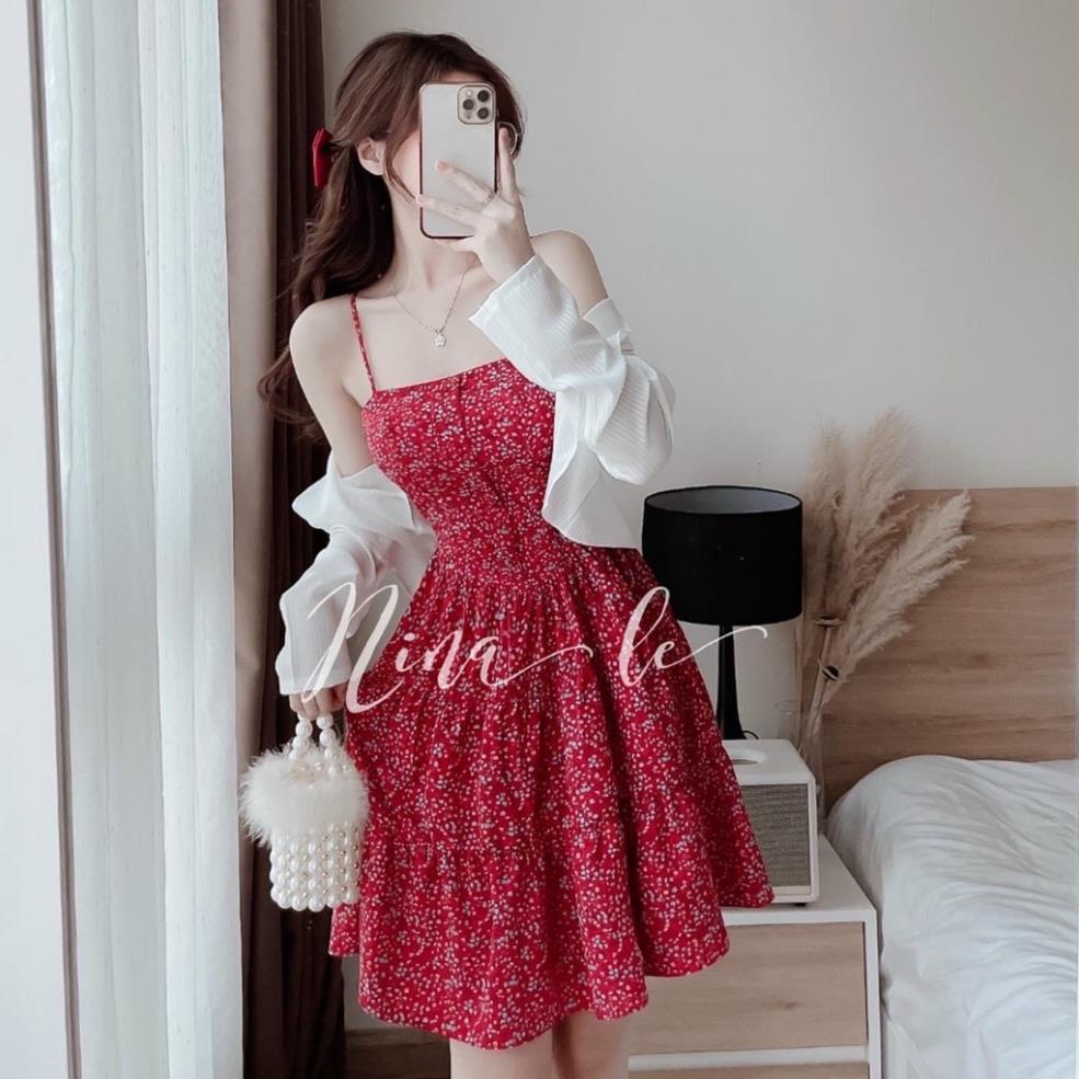 Set Đầm Hai Dây Hoa Nhí Màu Đỏ Xếp Tầng Kèm Áo Khoác Dài Tay Nữ Tính Siêu Xinh Thời Trang Nữ Xm Minh Phúc