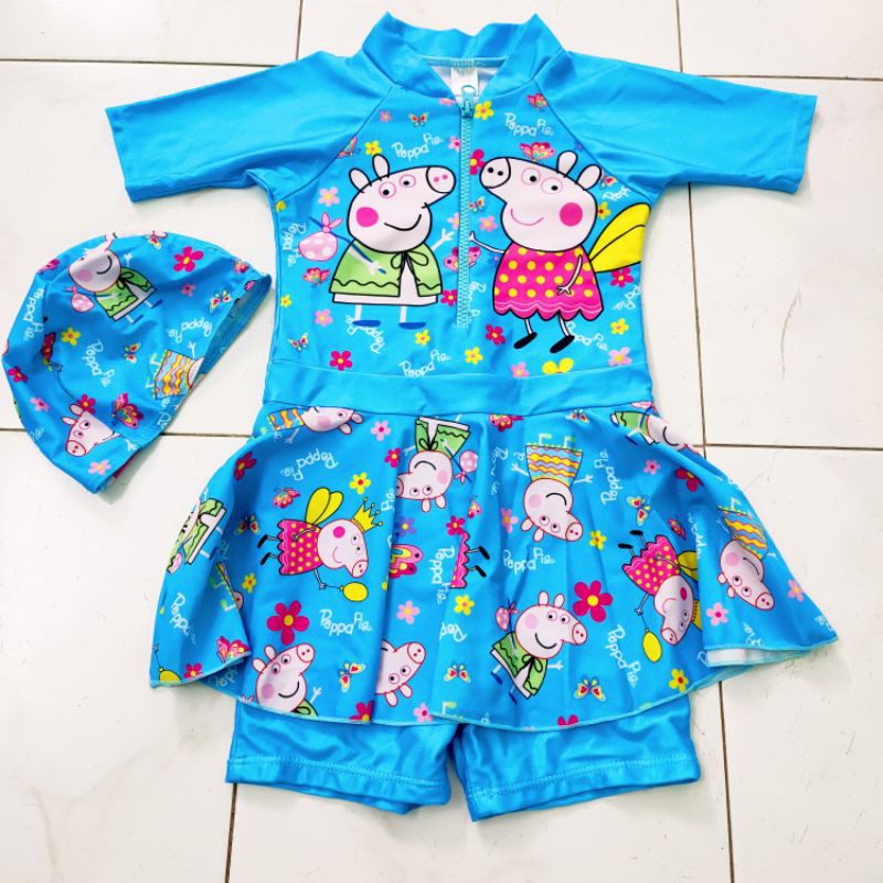 Thanh lý váy bơi đồ bơi kèm nón bơi tay lỡ heo peppa cho bé gái new 90% size 15-17kg