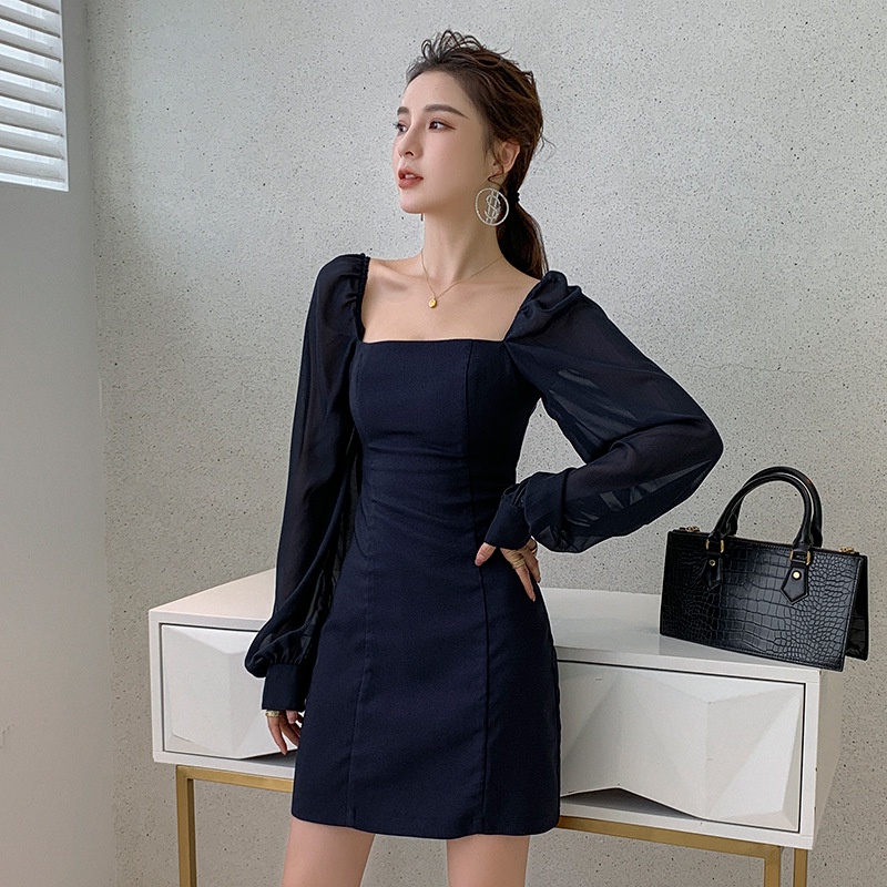 IELGYĐầm Cổ Vuông Tay Dài Dáng Ôm Màu Đen Có Khóa Kéo Thời Trang Cho Nữ