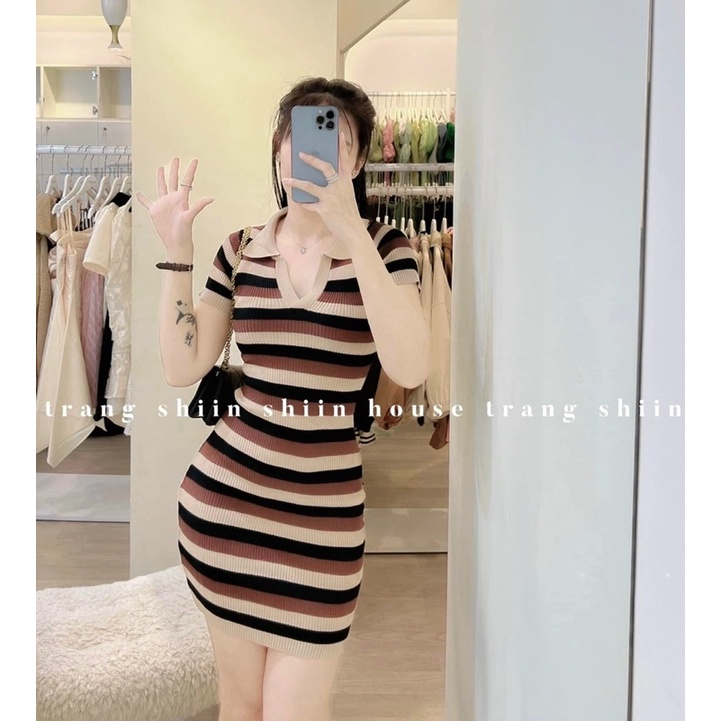 Váy đầm len body cổ bẻ cộc tay kẻ ngang hàng QC