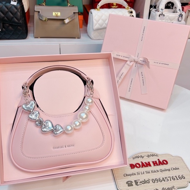Túi Xách Nữ CNK Màu Hồngsize 19cm Charles Kèm Nơ Mẫu Mới 2022 Full Box Xịn Sò