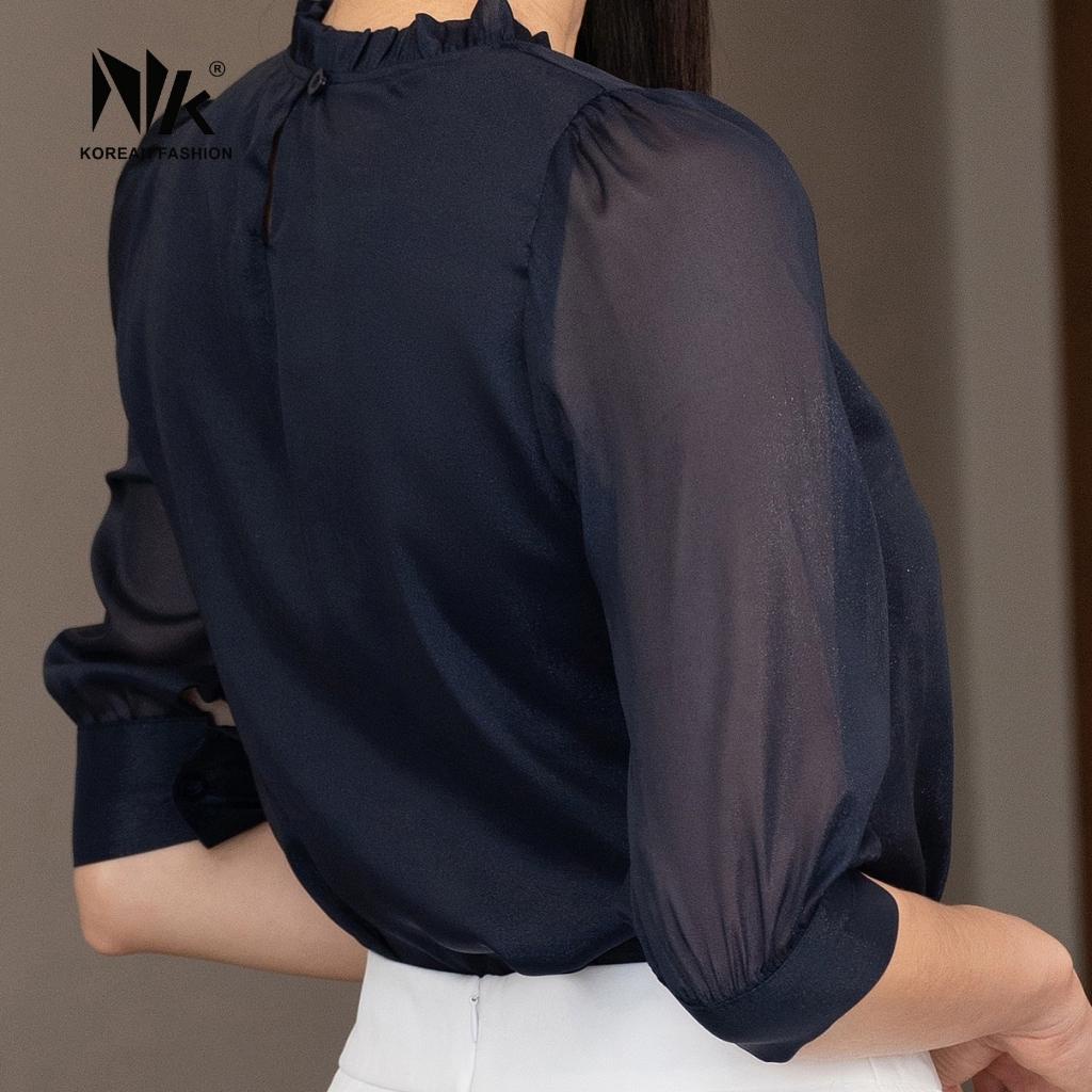 Áo Sơ Mi Tay Lỡ Công Sở Nữ NK Fashion Cổ Đính Ngọc Điệu Đà, Vải Nhập Hàn Cao Cấp Mềm Mại NKSM2202003