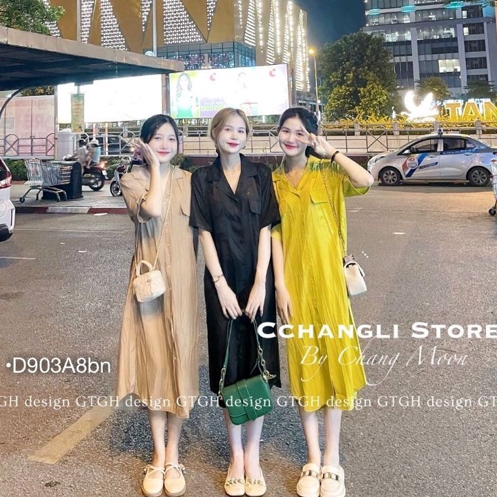 Đầm Dài Sơ Mi Túi Hộp Form Rộng Váy Vest Dáng Suông Tay Lỡ Phong Cách Hàn Vải Lụa Mịn