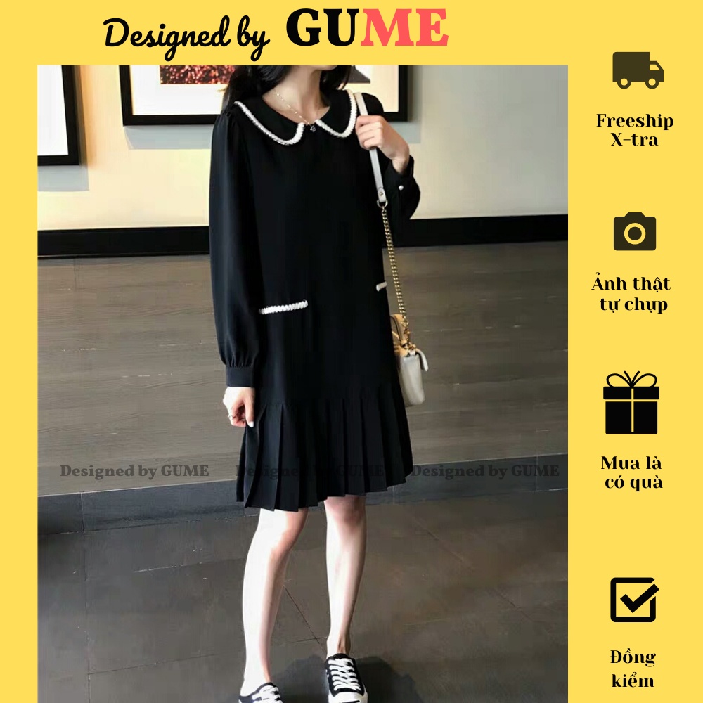 Đầm Bầu Công Sở - Váy Bầu GUME màu đen dài tay viền cổ trắng đuôi cá chất vải sạn lụa size từ 40-100kg MB142_ảnh thật