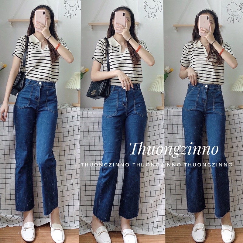 [Ảnh thật/Video] Quần jean bò ống đứng túi hộp hai bên bên - Culottes dáng suông ống rộng màu xanh đậm cá tính | BigBuy360 - bigbuy360.vn
