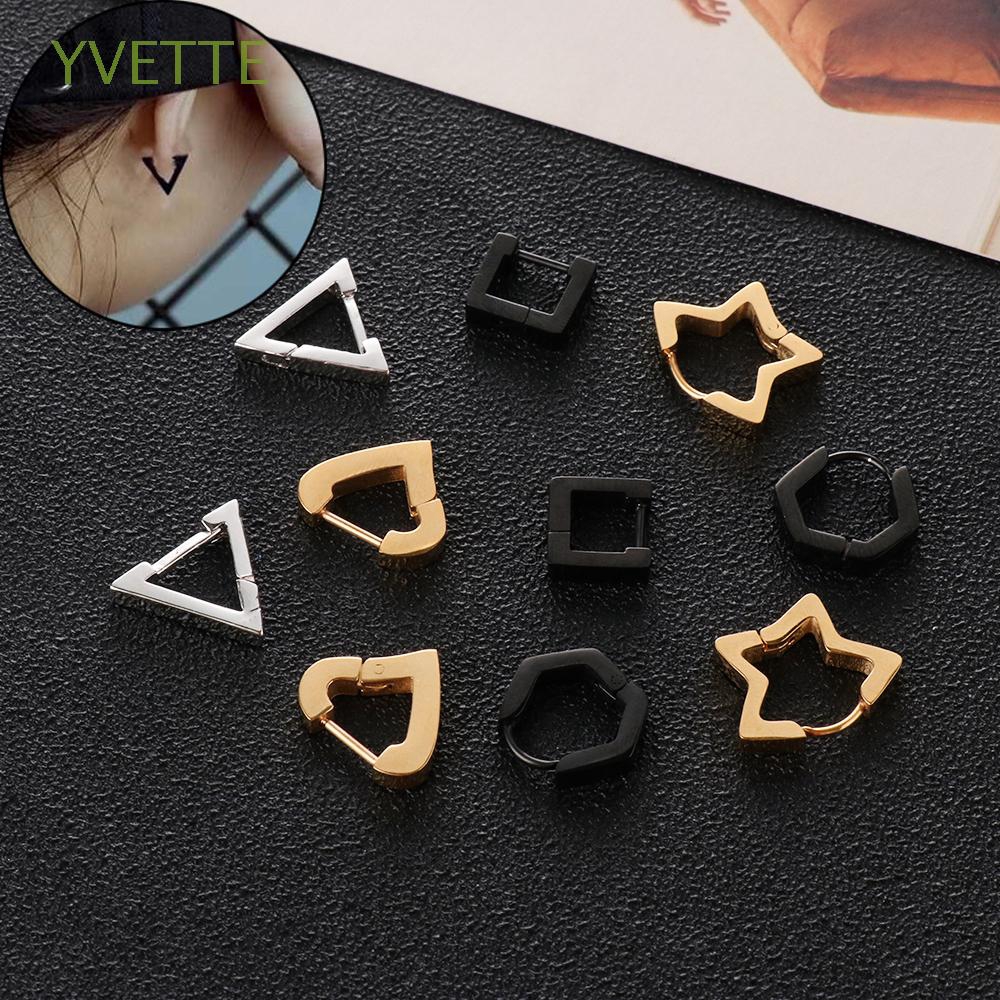 YVETTE Jewelry Stainless Steel|Black Polygon Star Heart Huggie Hoop Earring